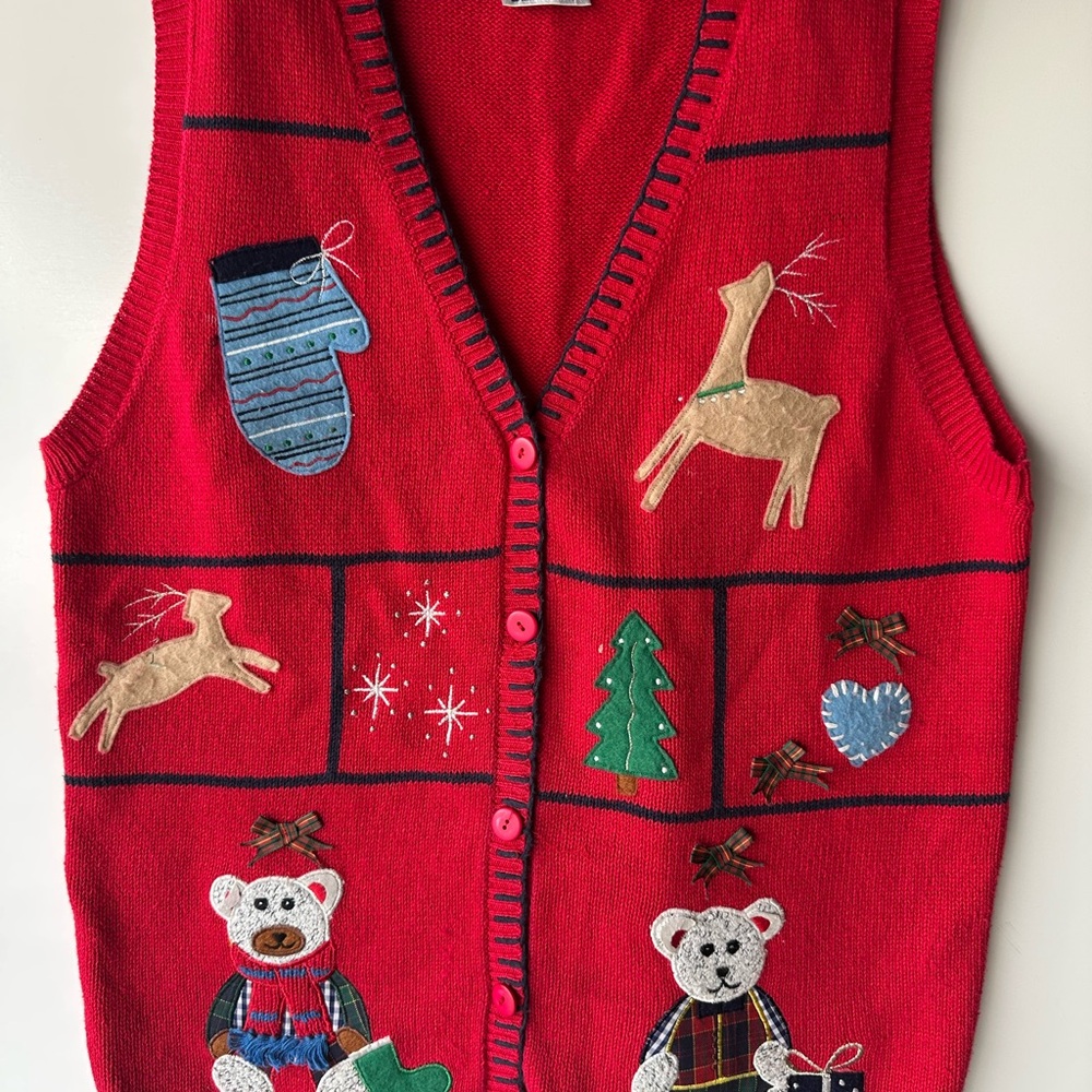 Festive Red Sweater Vest with Holiday Motifs